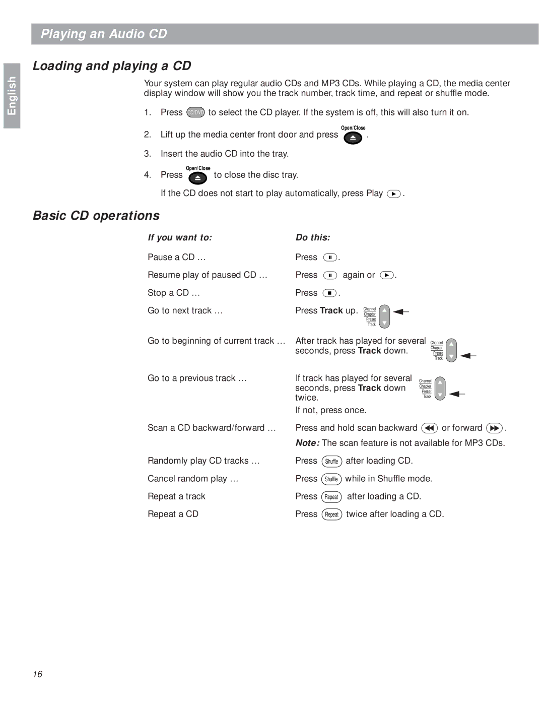 Bose 18 manual Playing an Audio CD, Loading and playing a CD, Basic CD operations 