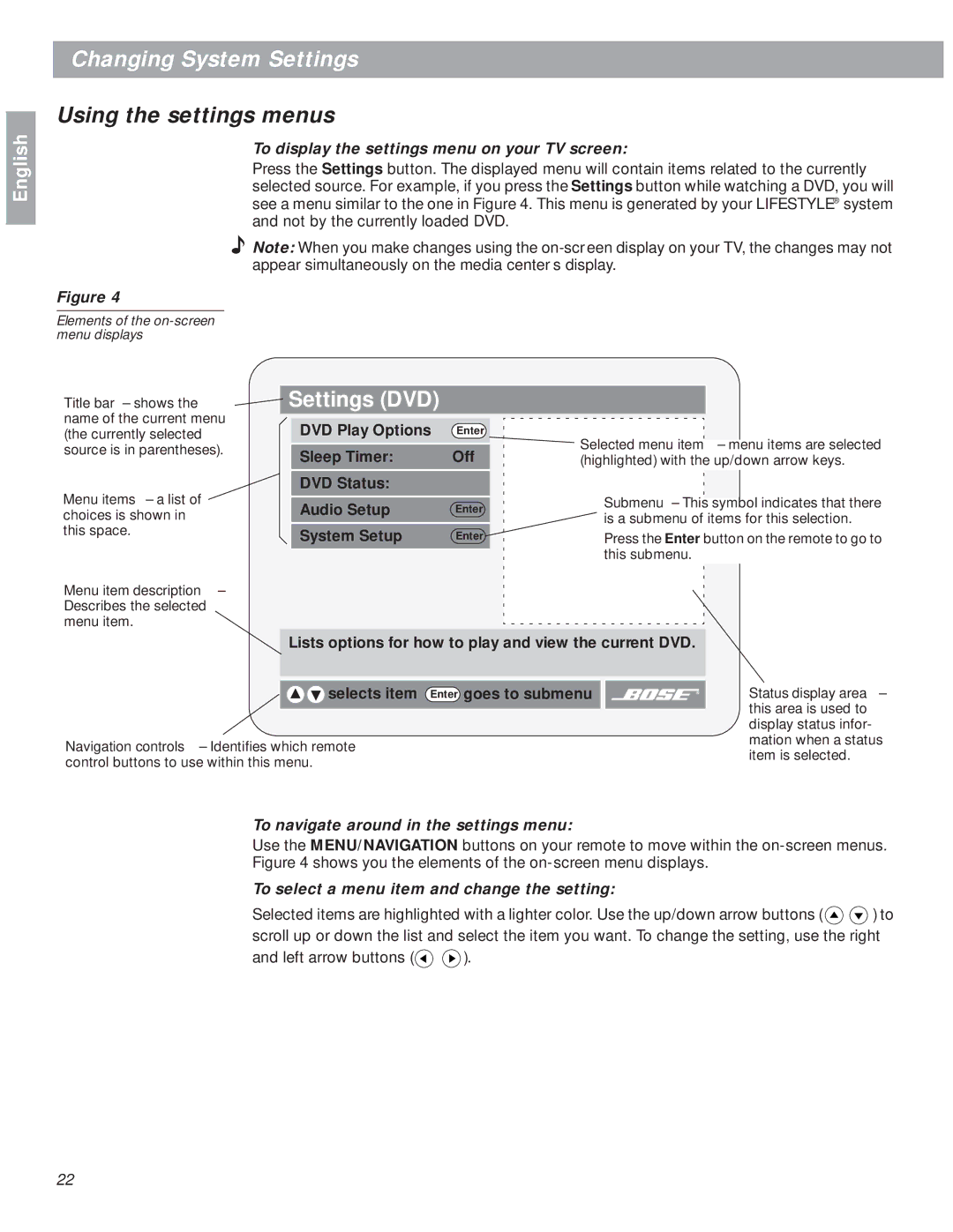 Bose 18 manual Changing System Settings, Using the settings menus, To display the settings menu on your TV screen 