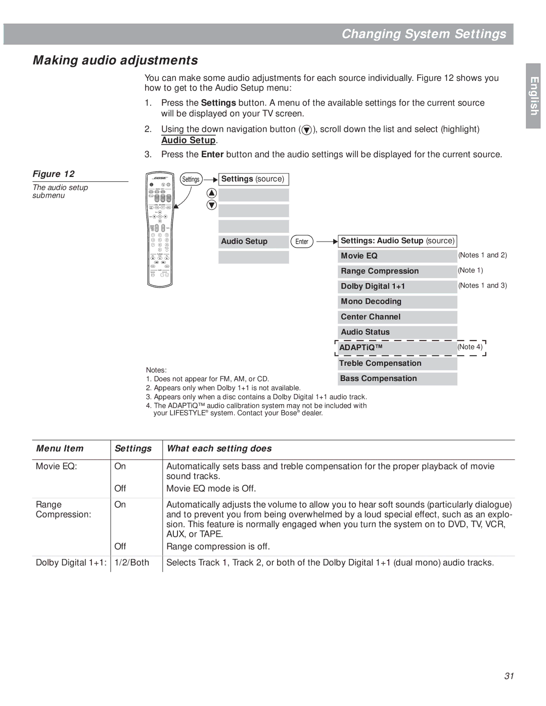 Bose 18 manual Making audio adjustments, Audio setup submenu 