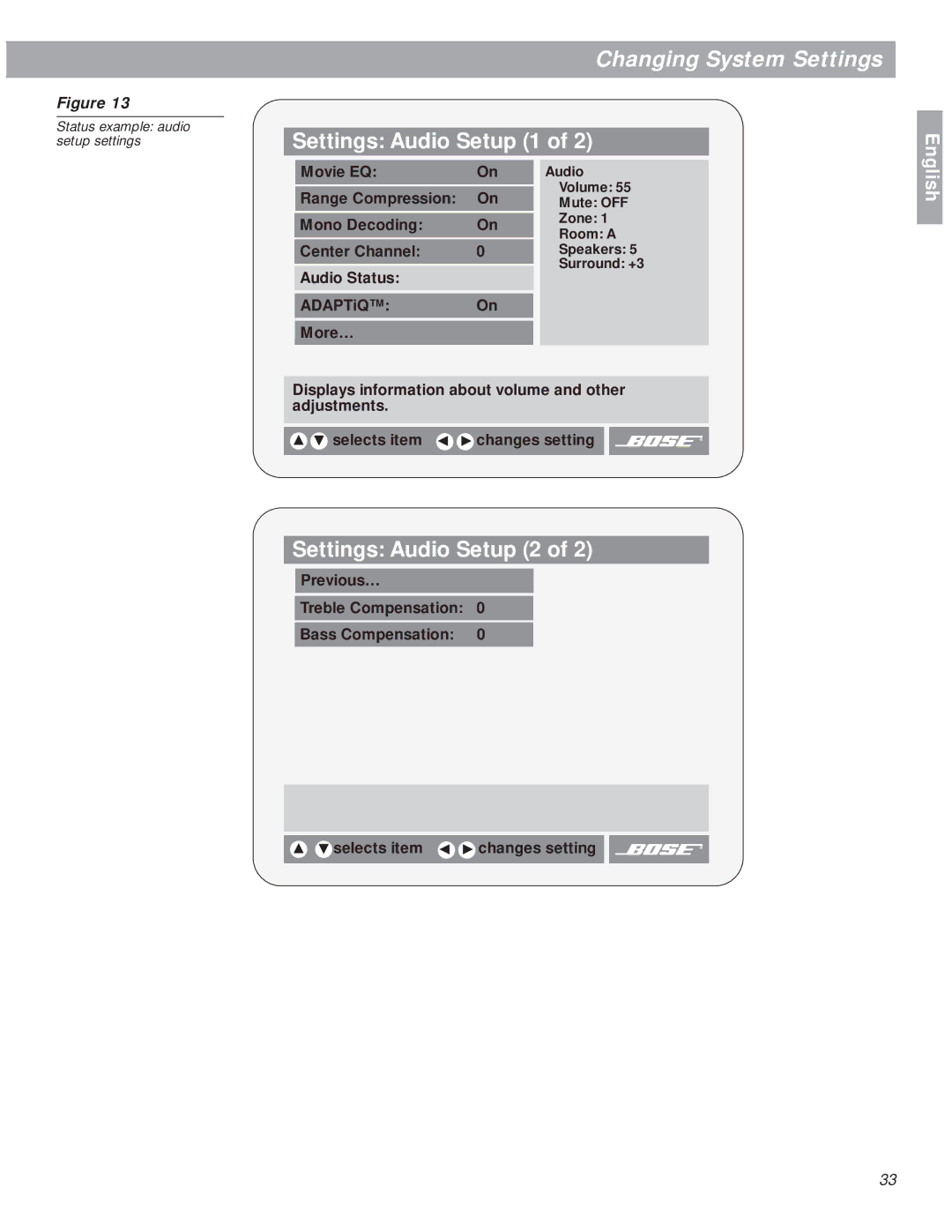 Bose 18 manual Settings Audio Setup 2 