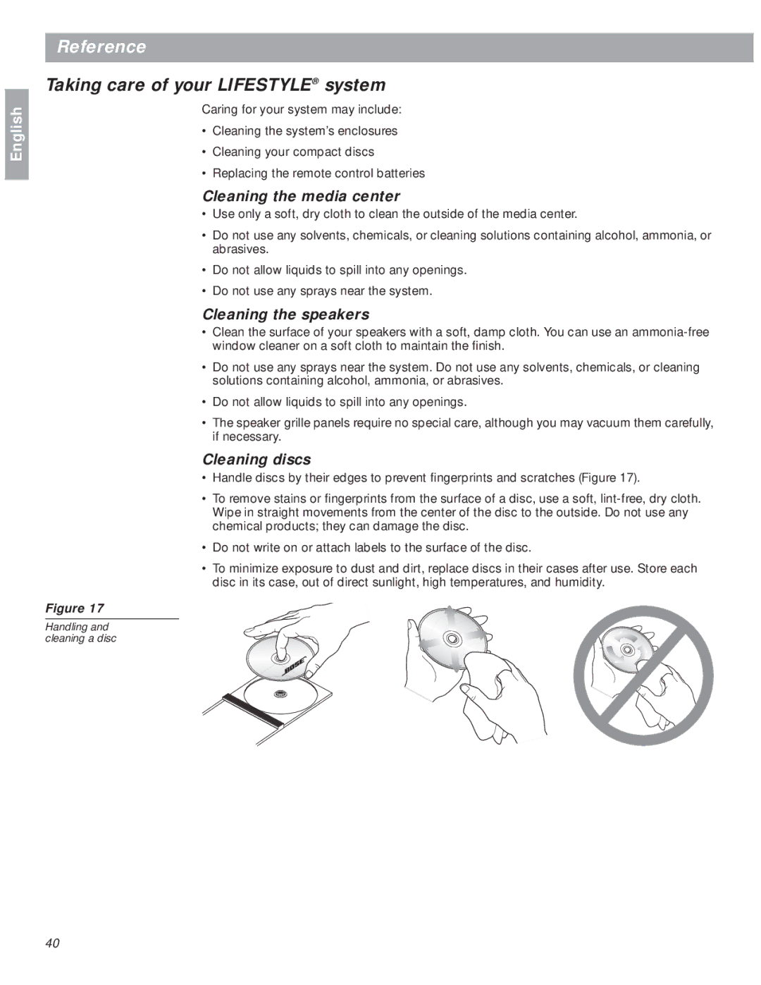 Bose 18 manual Taking care of your Lifestyle system, Cleaning the media center, Cleaning the speakers, Cleaning discs 