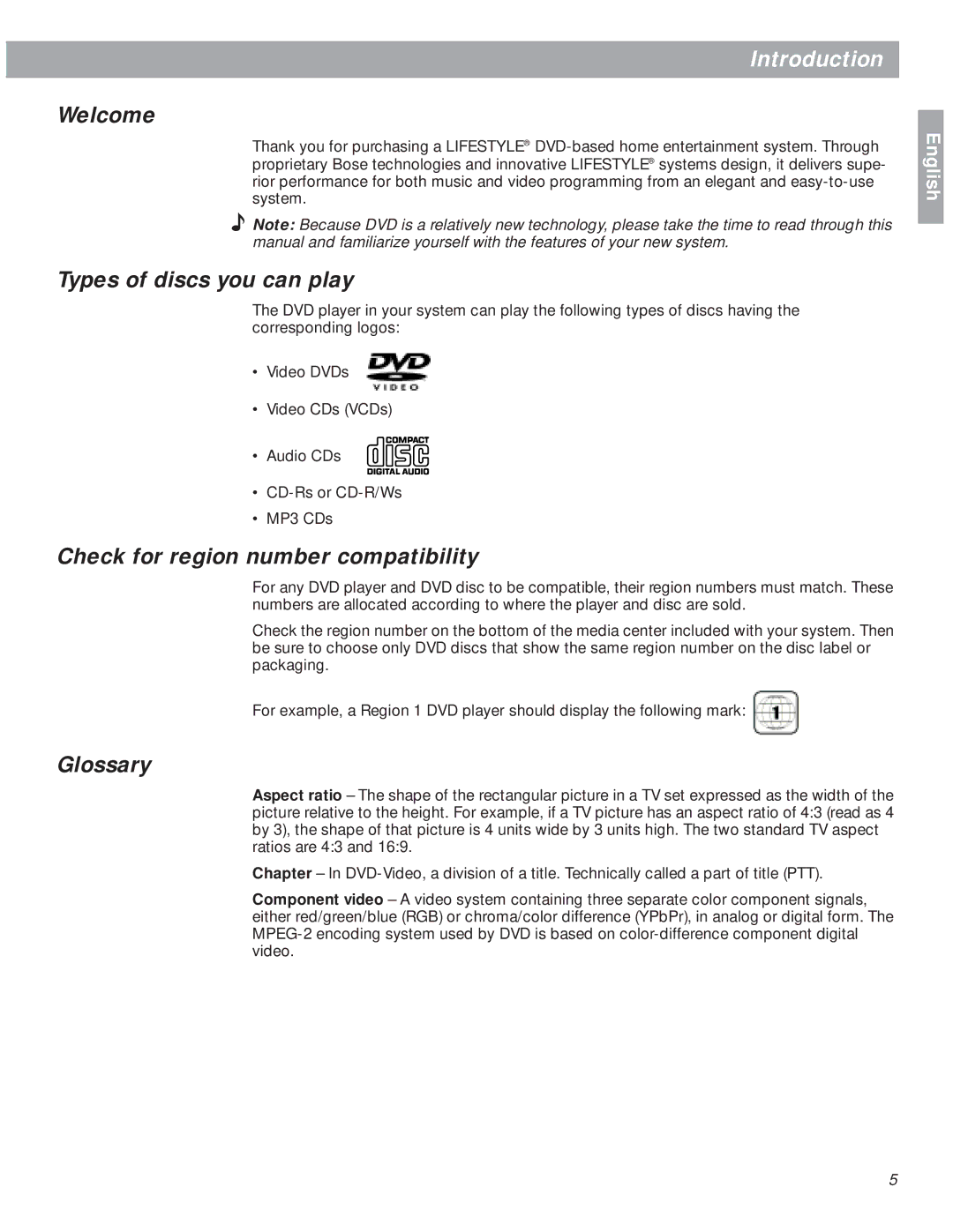 Bose 18 manual Introduction, Welcome, Types of discs you can play, Check for region number compatibility, Glossary 