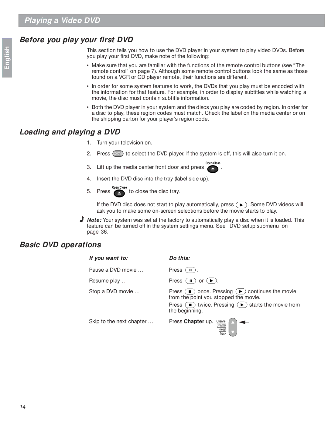 Bose 18 manual Playing a Video DVD, Before you play your ﬁrst DVD, Loading and playing a DVD, Basic DVD operations 