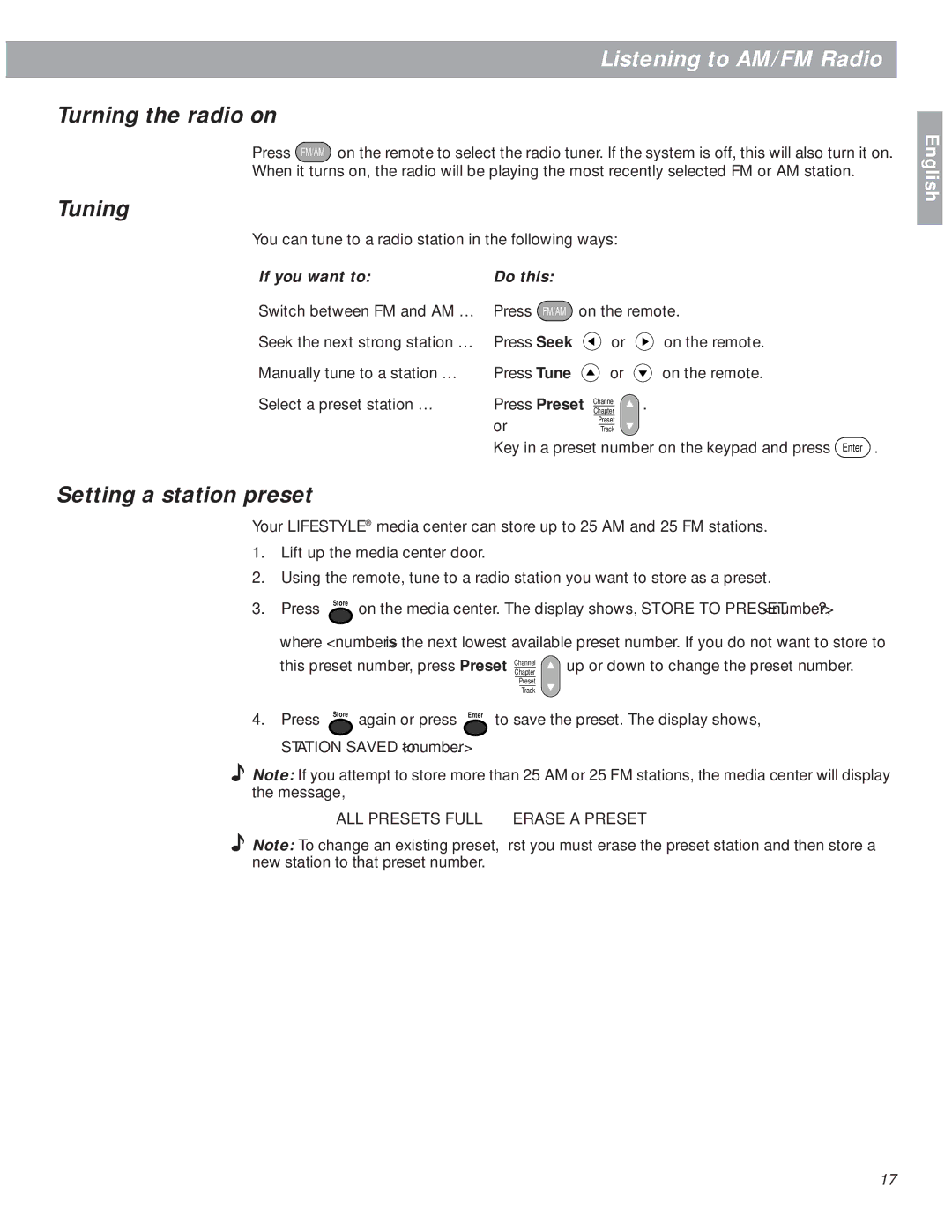 Bose 18 manual Listening to AM/FM Radio, Turning the radio on, Tuning, Setting a station preset 