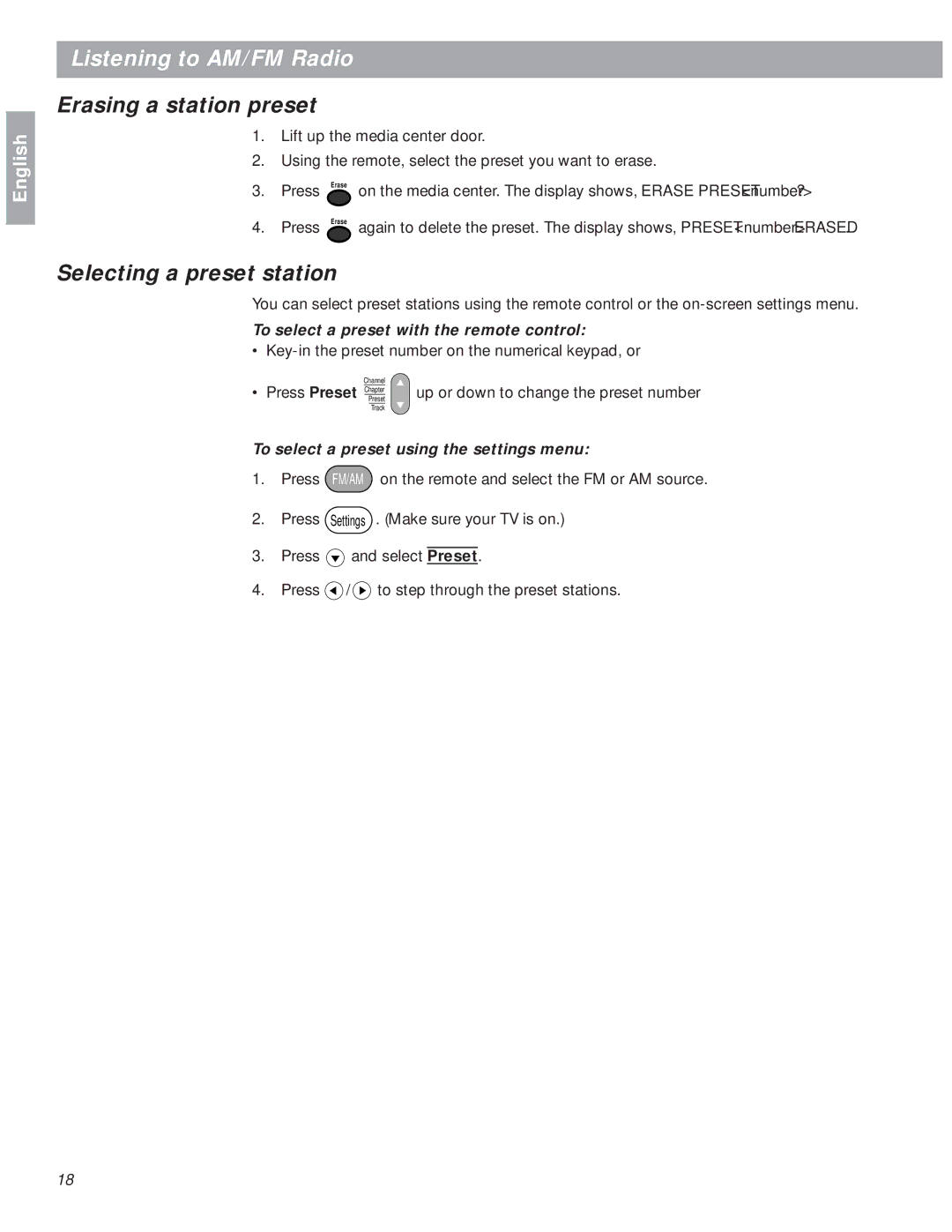 Bose 18 manual Erasing a station preset, Selecting a preset station, To select a preset with the remote control 