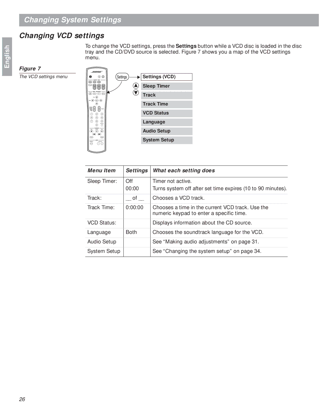 Bose 18 manual Changing VCD settings 