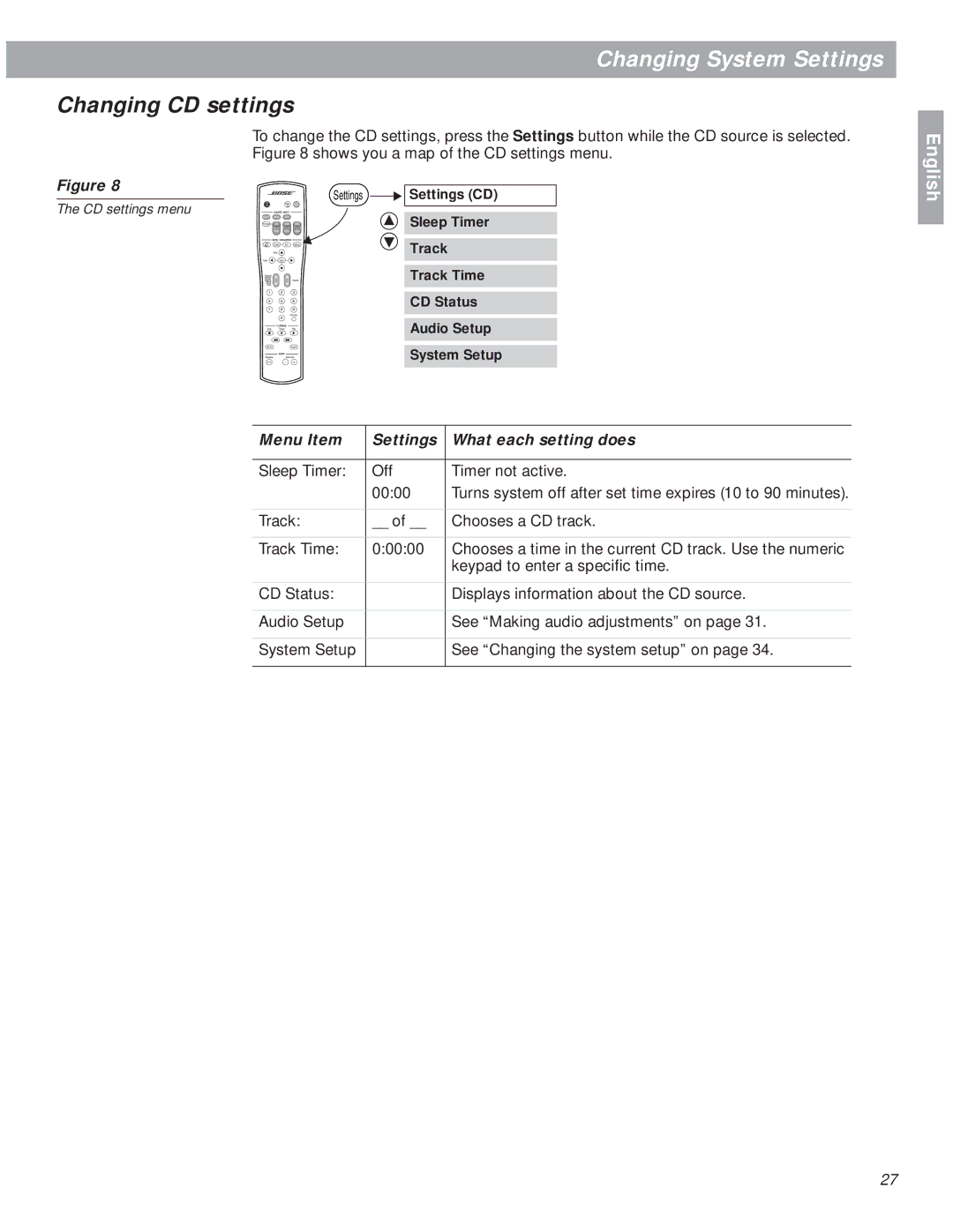 Bose 18 manual Changing CD settings 