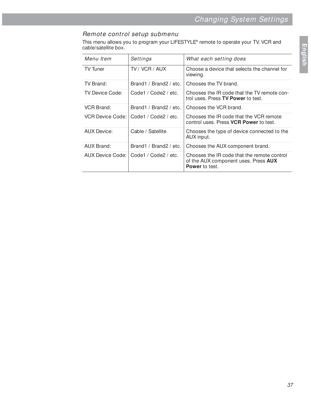 Bose 18 manual Remote control setup submenu, Tv / Vcr / Aux 