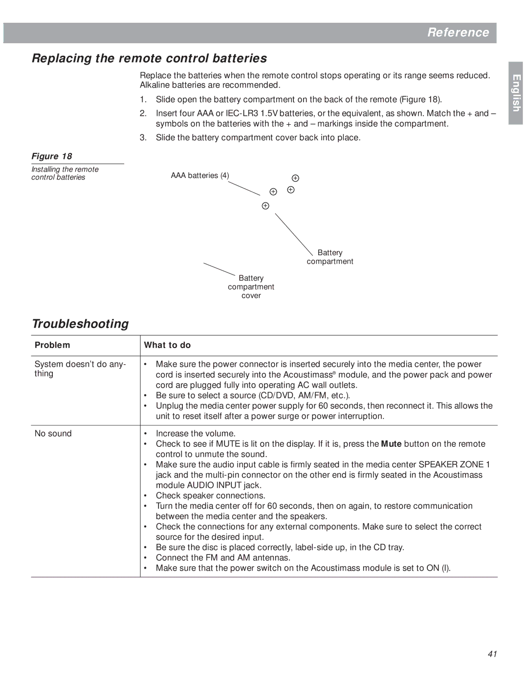 Bose 18 manual Replacing the remote control batteries, Troubleshooting 