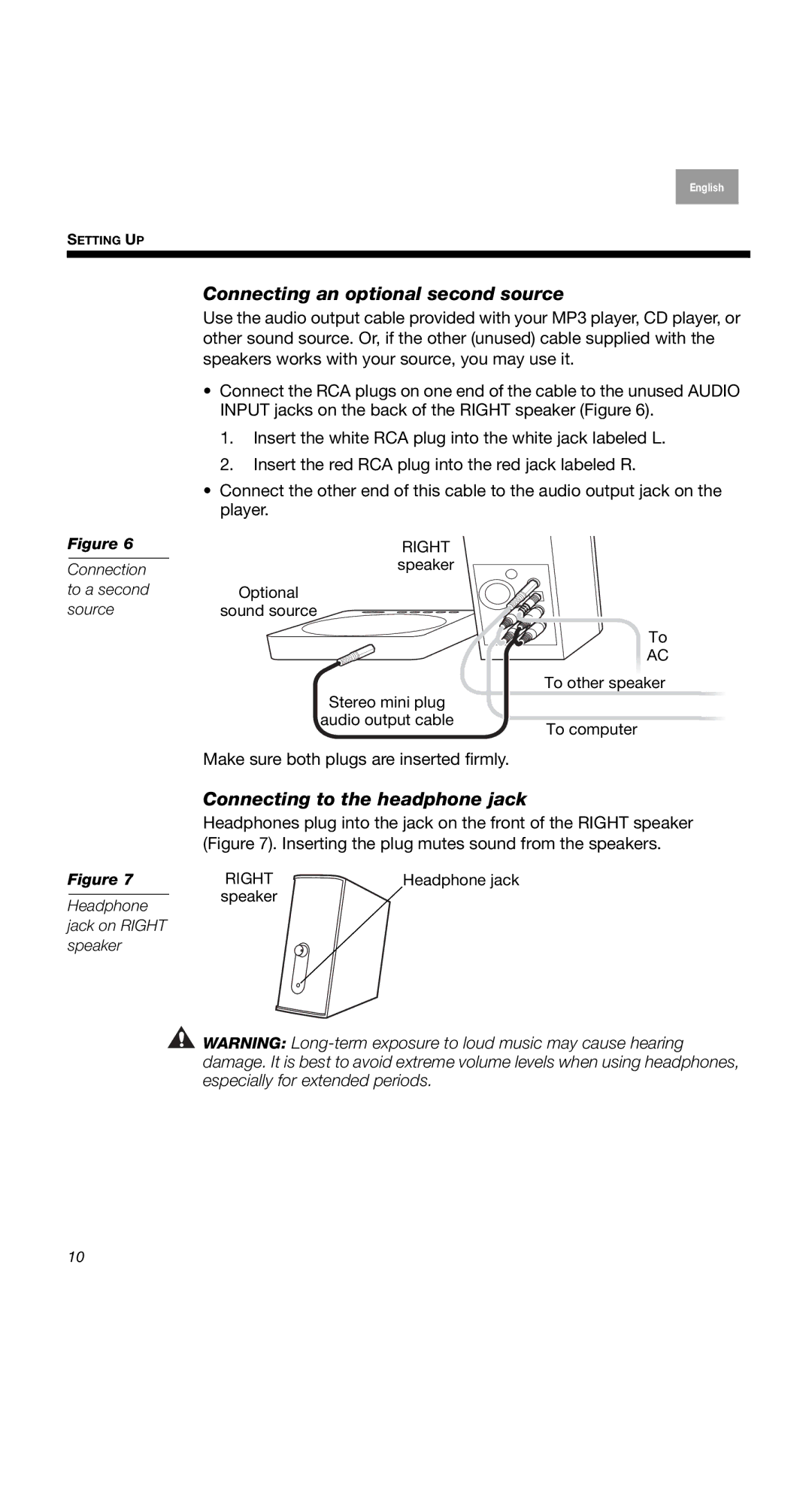 Bose COMPANION2II Connecting an optional second source, Connecting to the headphone jack, Connection to a second source 