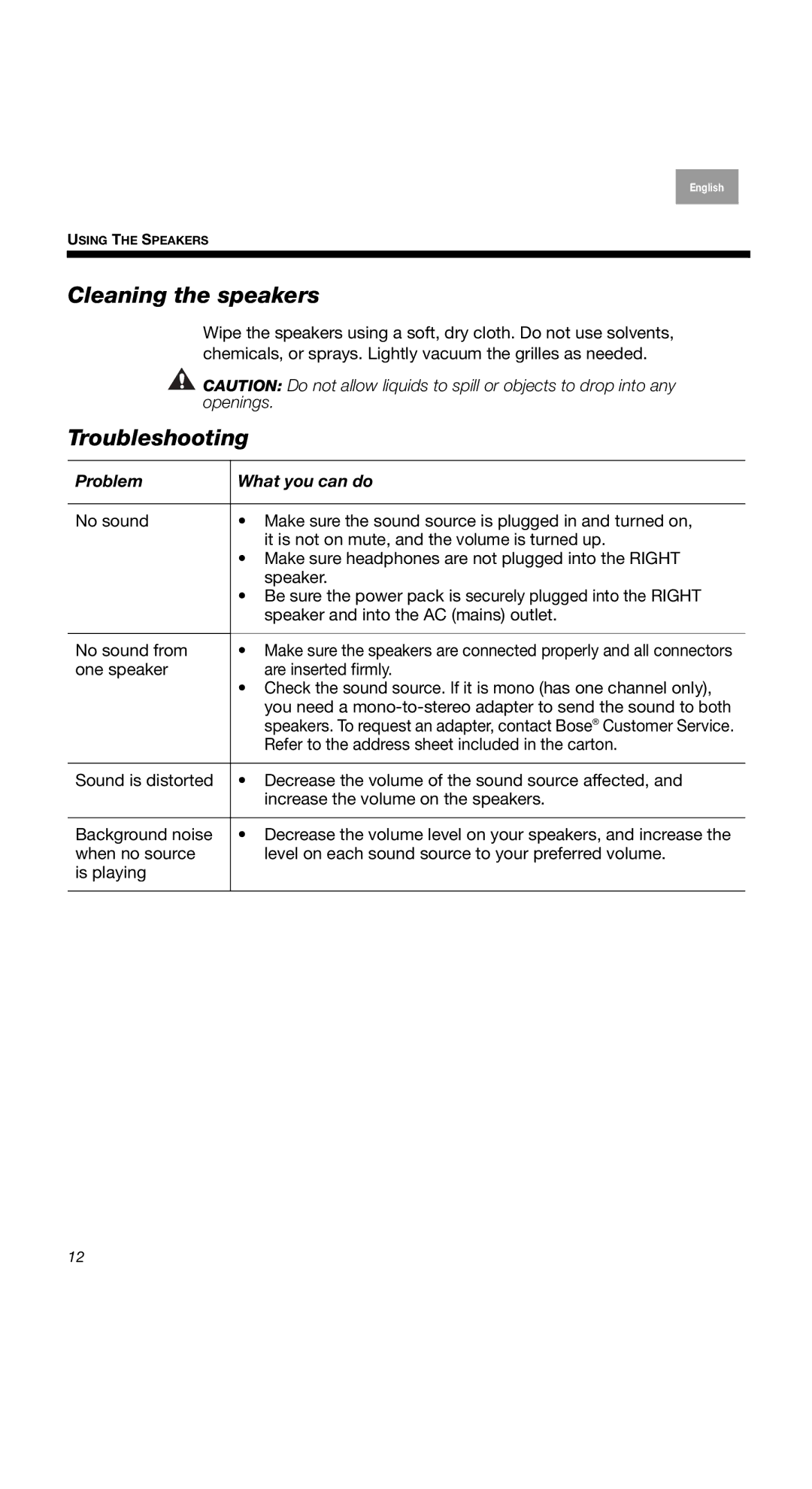 Bose 2 Series II, 40274, COMPANION2II manual Cleaning the speakers, Troubleshooting, Problem What you can do 