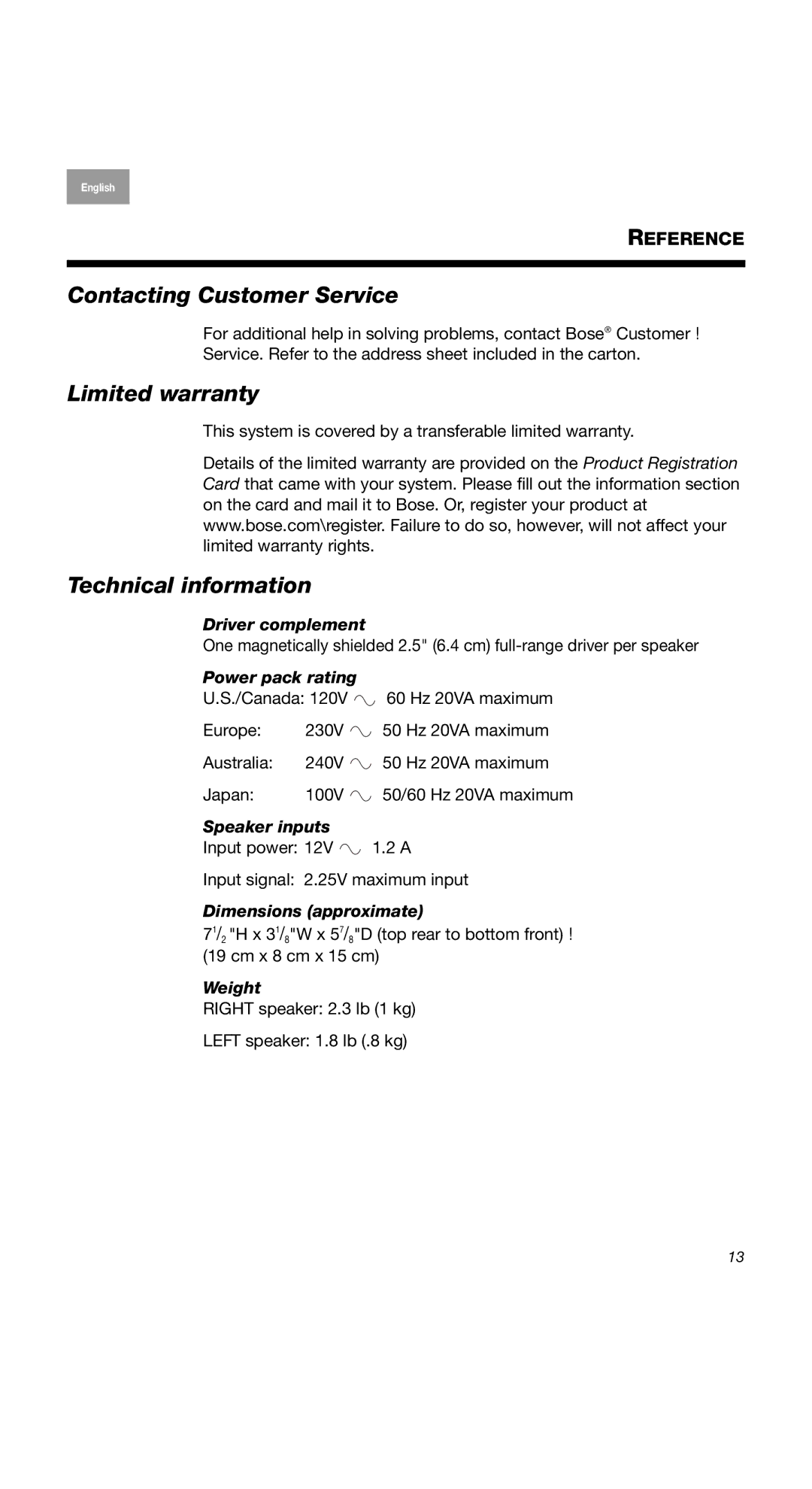 Bose 40274, 2 Series II, COMPANION2II manual Contacting Customer Service, Limited warranty, Technical information 