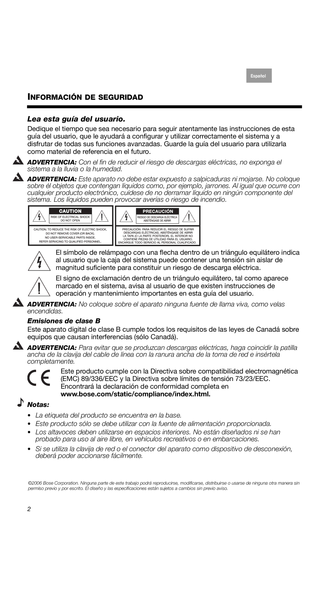 Bose COMPANION2II, 2 Series II, 40274 manual Lea esta guía del usuario, Emisiones de clase B, Notas 