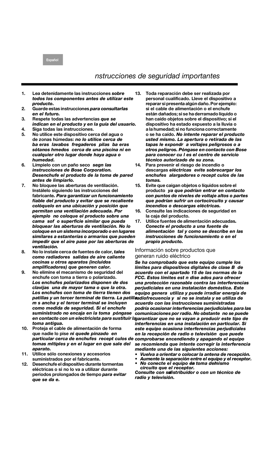 Bose 2II, 2 Series II manual Instrucciones de seguridad importantes, Información sobre productos que generan ruido eléctrico 