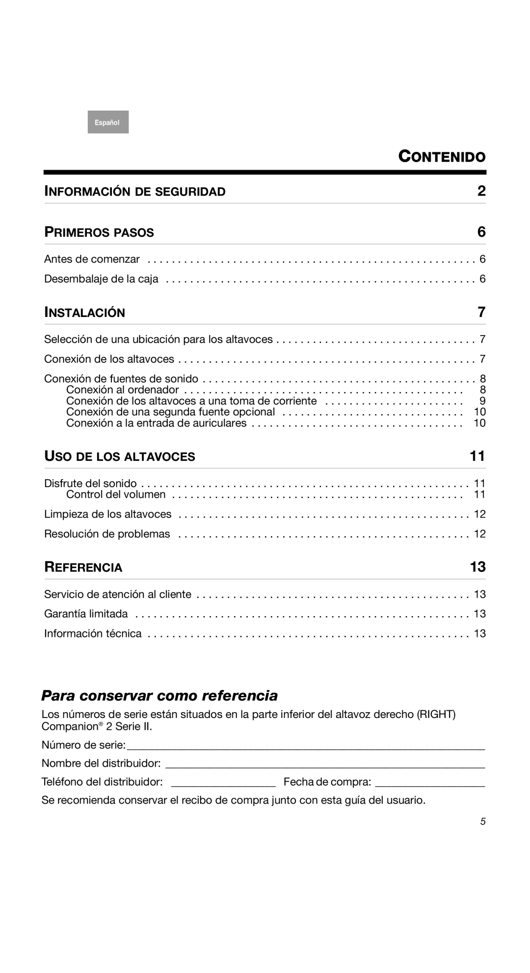 Bose 40274, 2 Series II, COMPANION2II manual Para conservar como referencia, Contenido 