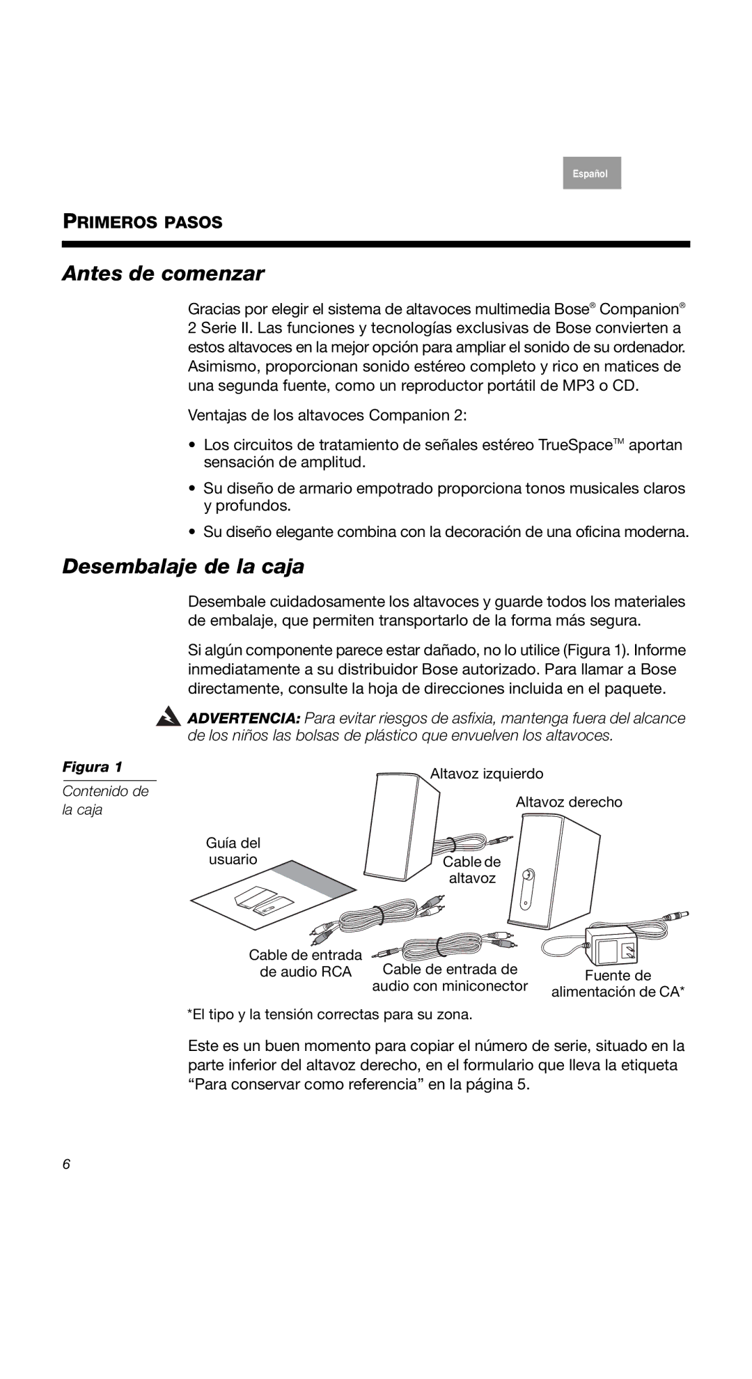 Bose COMPANION2II, 2 Series II, 40274 manual Antes de comenzar, Desembalaje de la caja, Contenido de la caja 