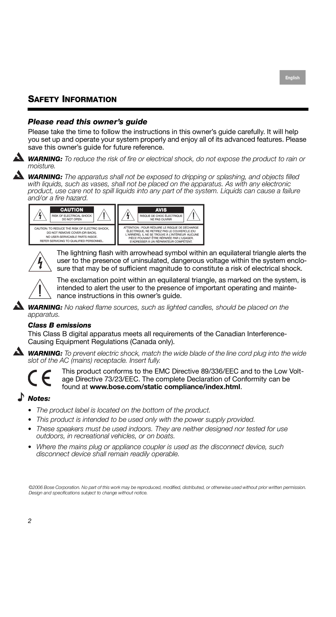 Bose COMPANION2II, 2 Series II, 40274 manual Please read this owner’s guide, Class B emissions 