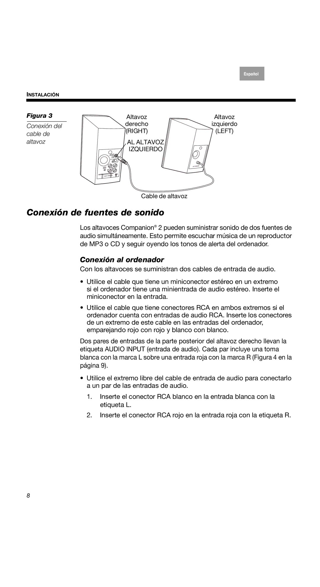 Bose 2 Series II, 40274, COMPANION2II manual Conexión de fuentes de sonido, Conexión al ordenador, Conexión del, Cable de 