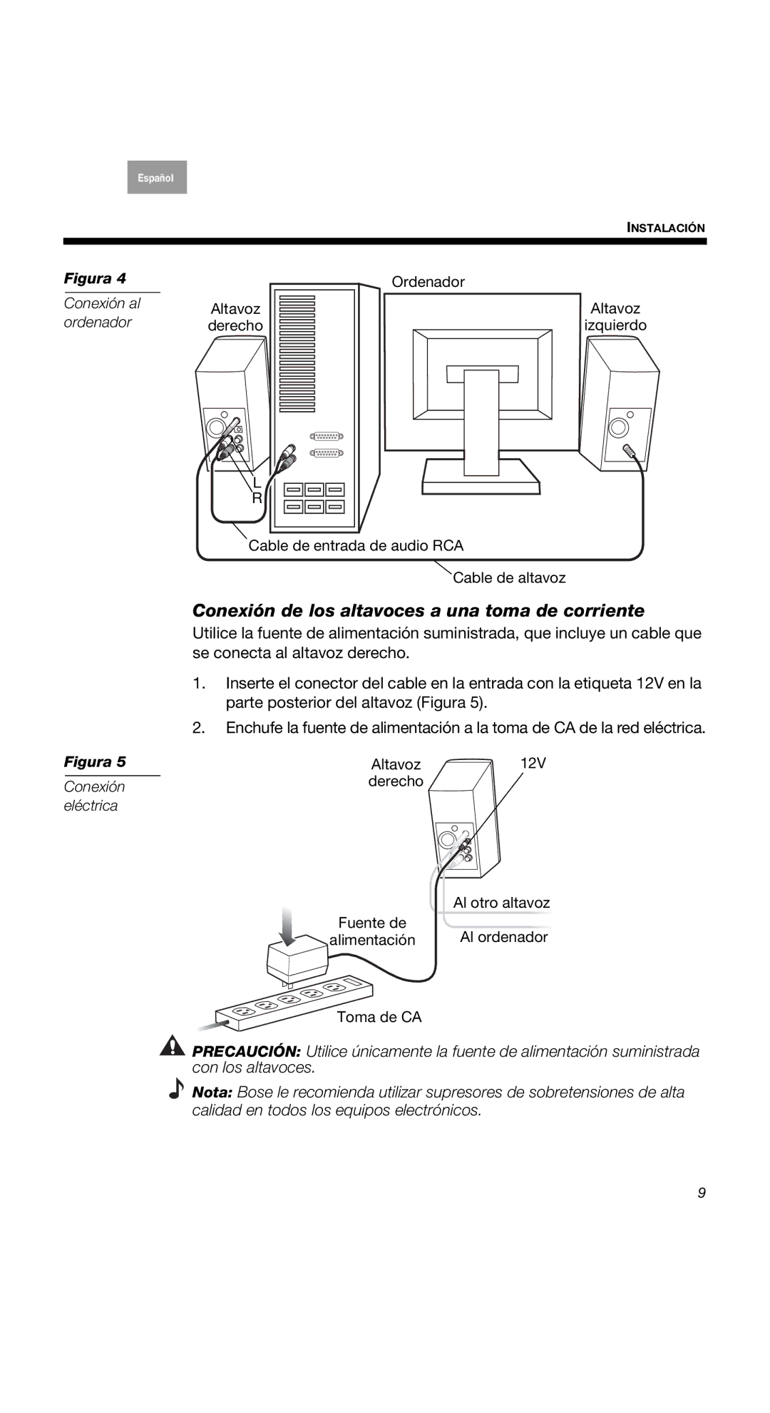 Bose 40274, 2 Series II, 2II Conexión de los altavoces a una toma de corriente, Conexión al ordenador, Conexión Eléctrica 