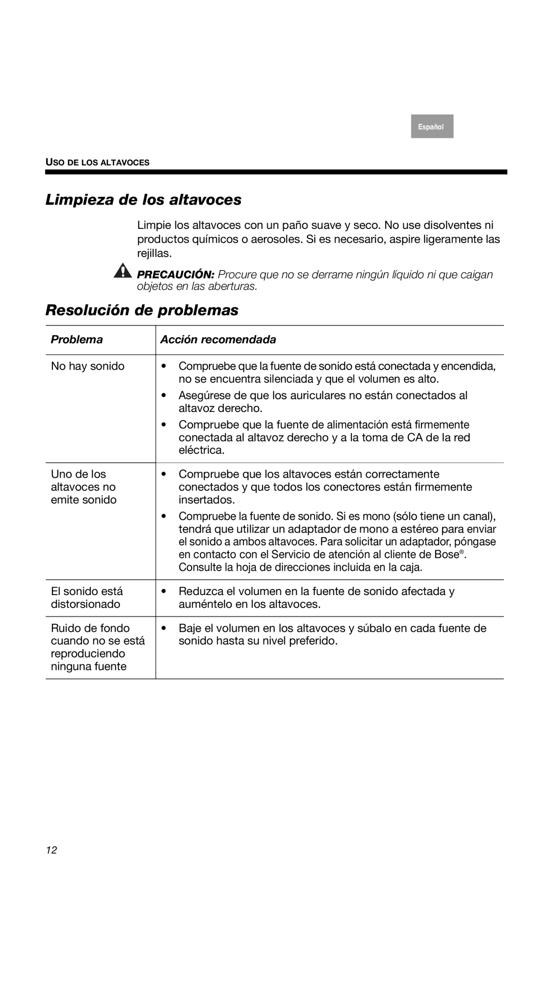 Bose 2 Series II, 40274, COMPANION2II manual Limpieza de los altavoces, Resolución de problemas, Problema Acción recomendada 