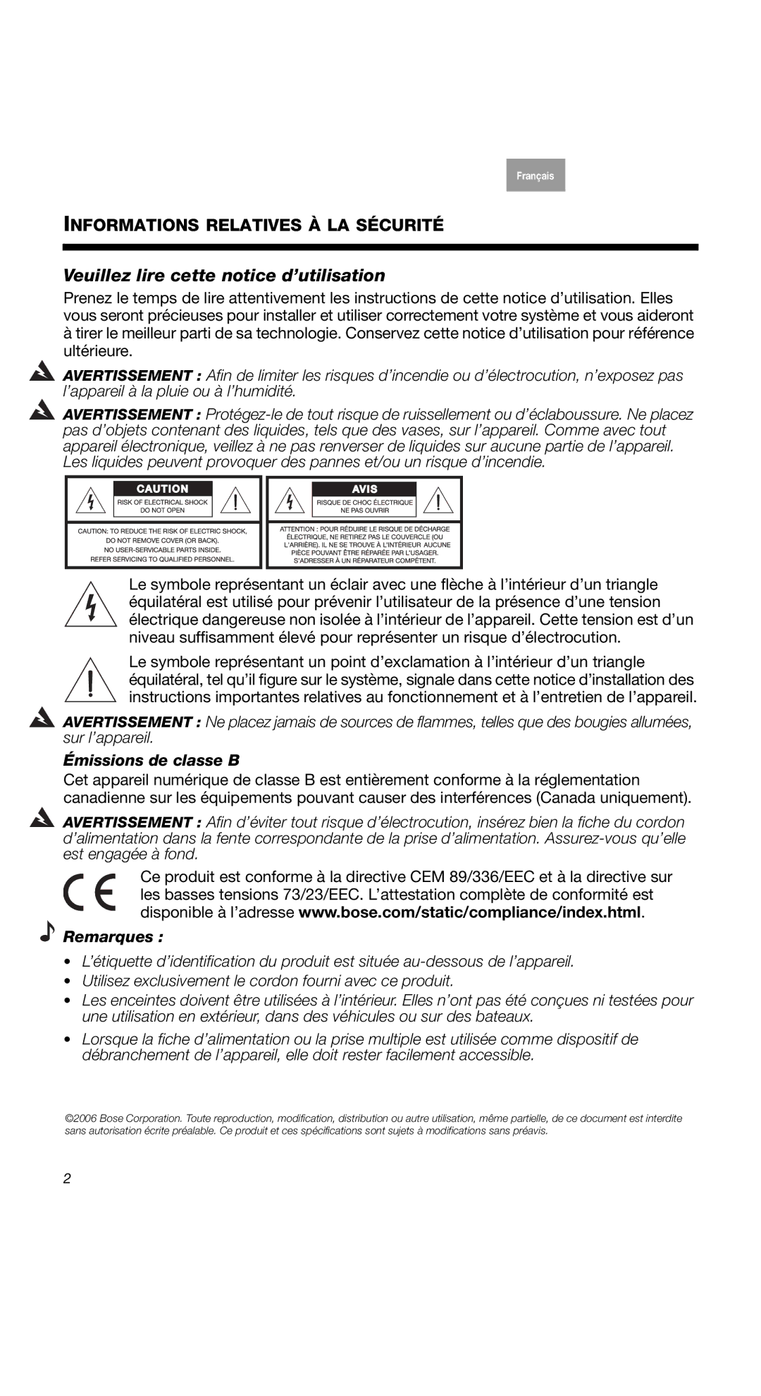 Bose COMPANION2II, 2 Series II, 40274 manual Veuillez lire cette notice d’utilisation, Émissions de classe B, Remarques 