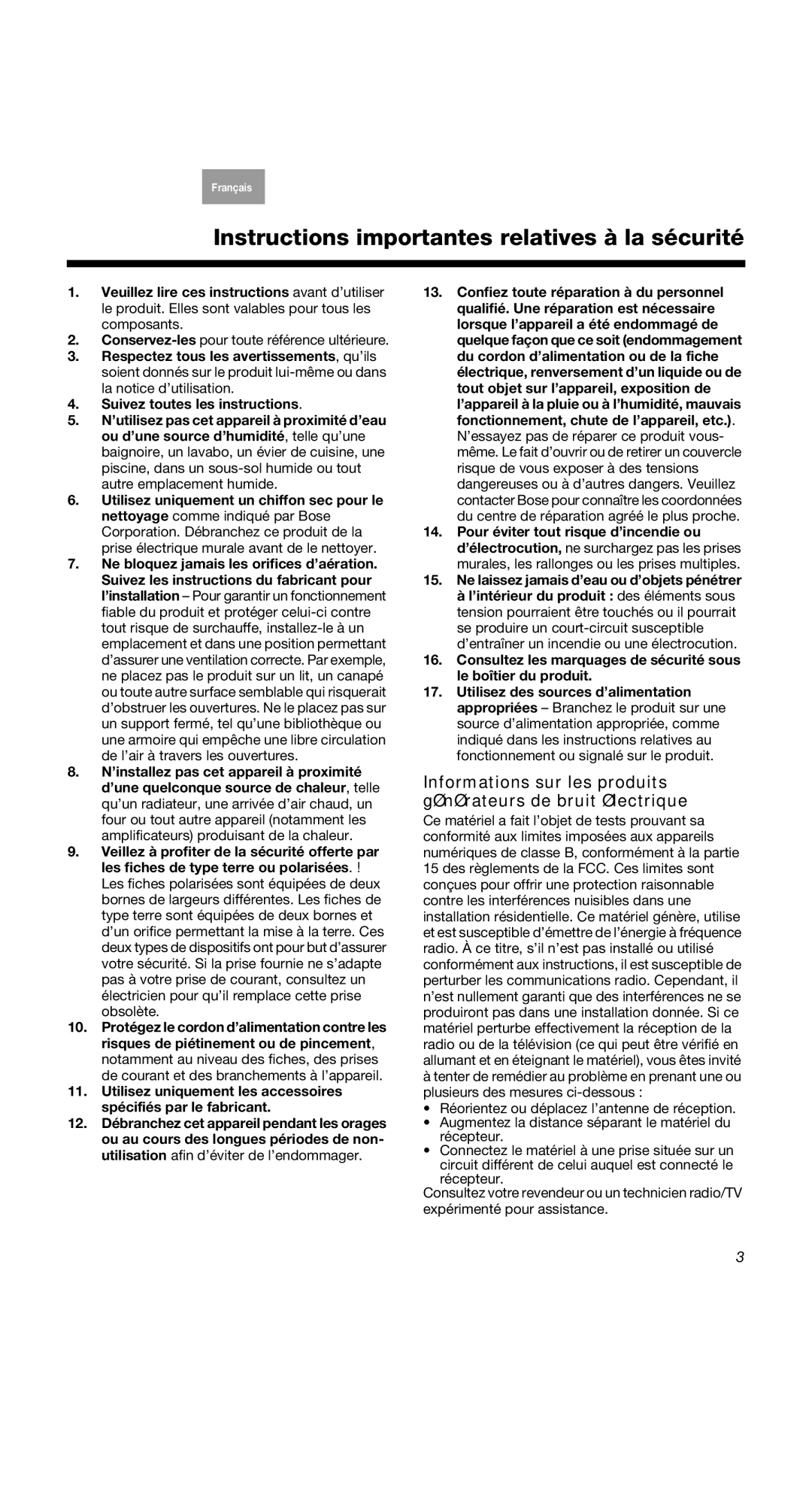 Bose 2 Series II, 40274, COMPANION2II manual Instructions importantes relatives à la sécurité 