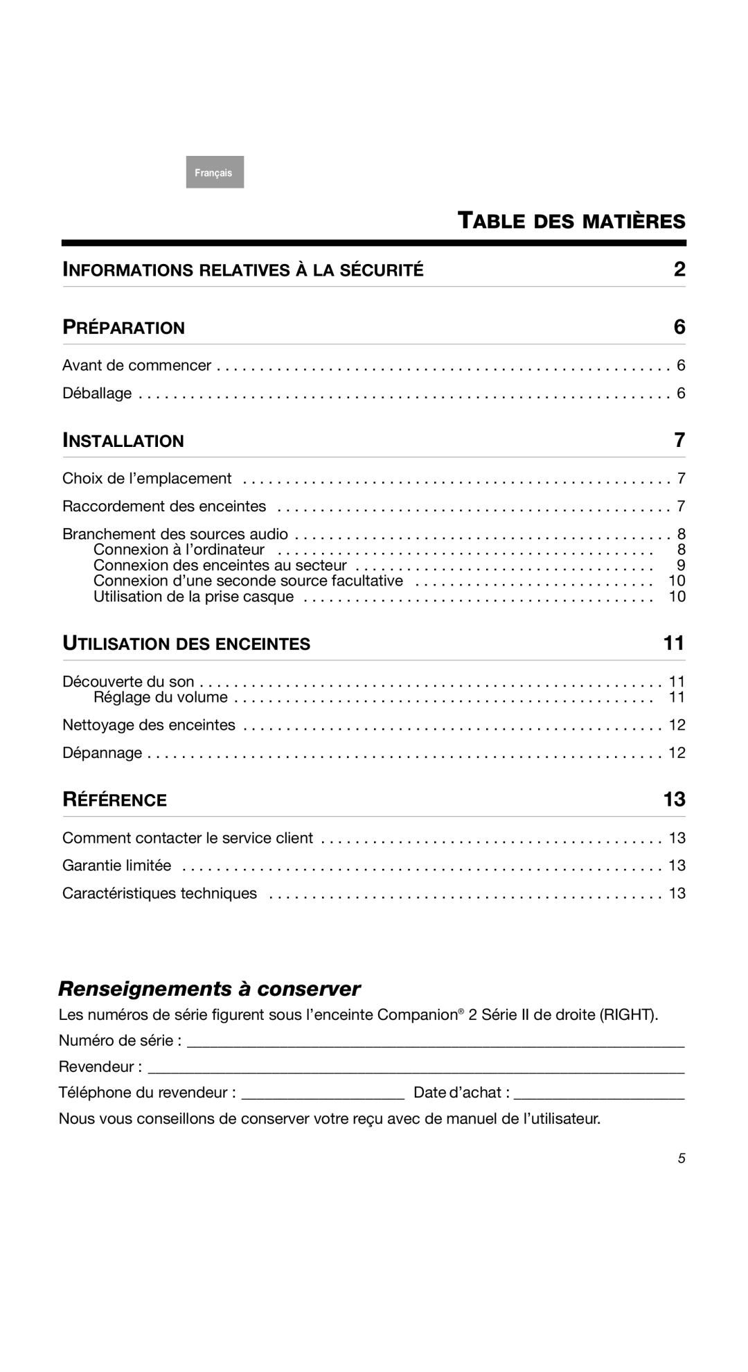 Bose 40274, 2 Series II, COMPANION2II manual Renseignements à conserver, Table DES Matières 