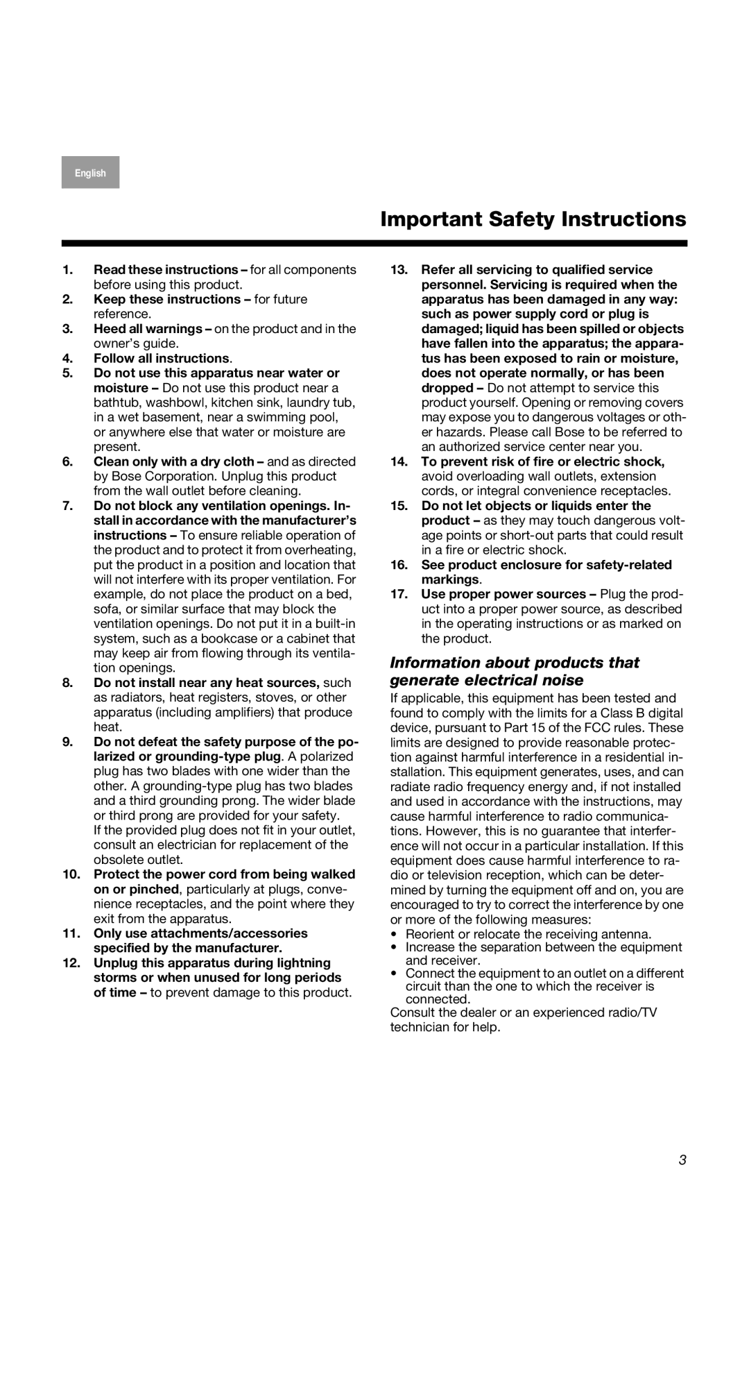 Bose 2II, 2 Series II, 40274 manual Important Safety Instructions, Information about products that generate electrical noise 