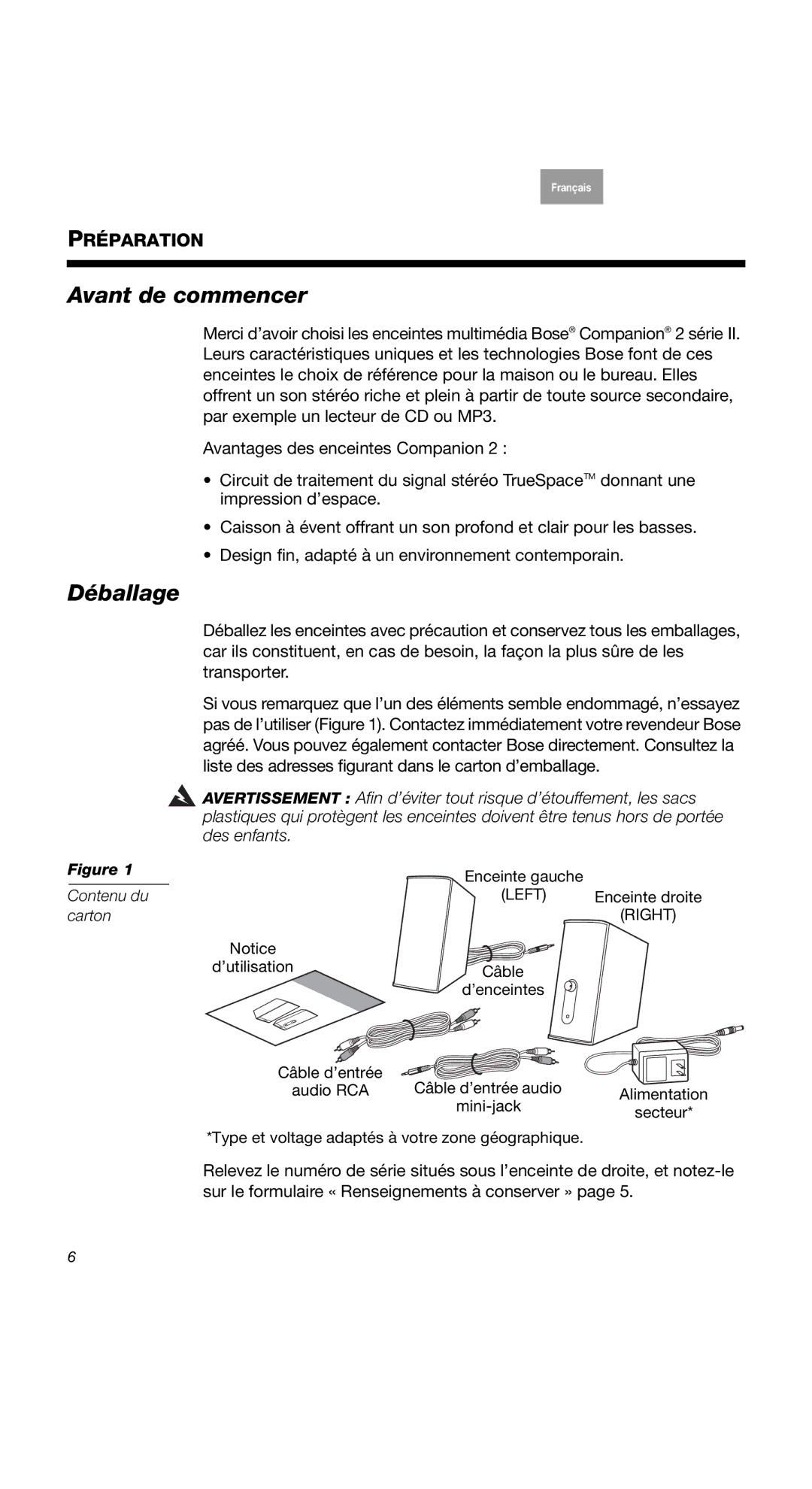 Bose COMPANION2II, 2 Series II, 40274 manual Avant de commencer Déballage, Contenu du carton 