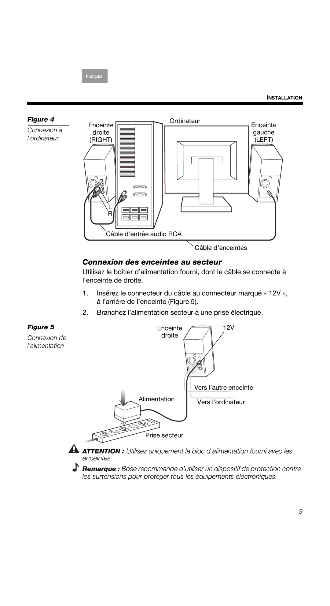 Bose 40274, 2 Series II, COMPANION2II manual Connexion des enceintes au secteur, Connexion à l’ordinateur 