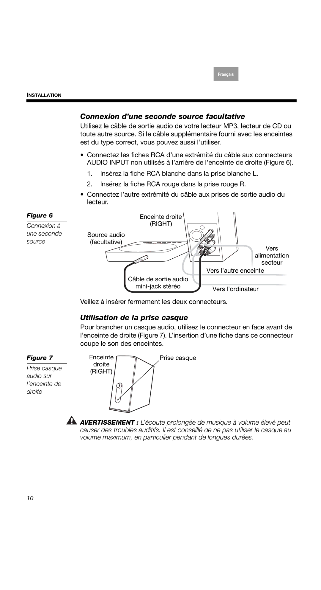 Bose COMPANION2II, 2 Series II, 40274 manual Connexion d’une seconde source facultative, Utilisation de la prise casque 