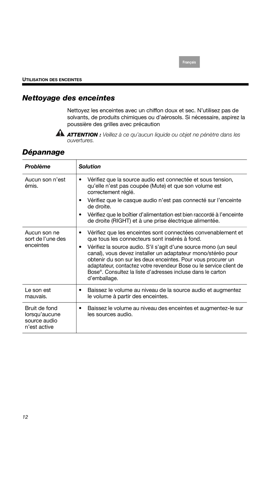 Bose 2 Series II, 40274, COMPANION2II manual Nettoyage des enceintes, Dépannage, Problème Solution 