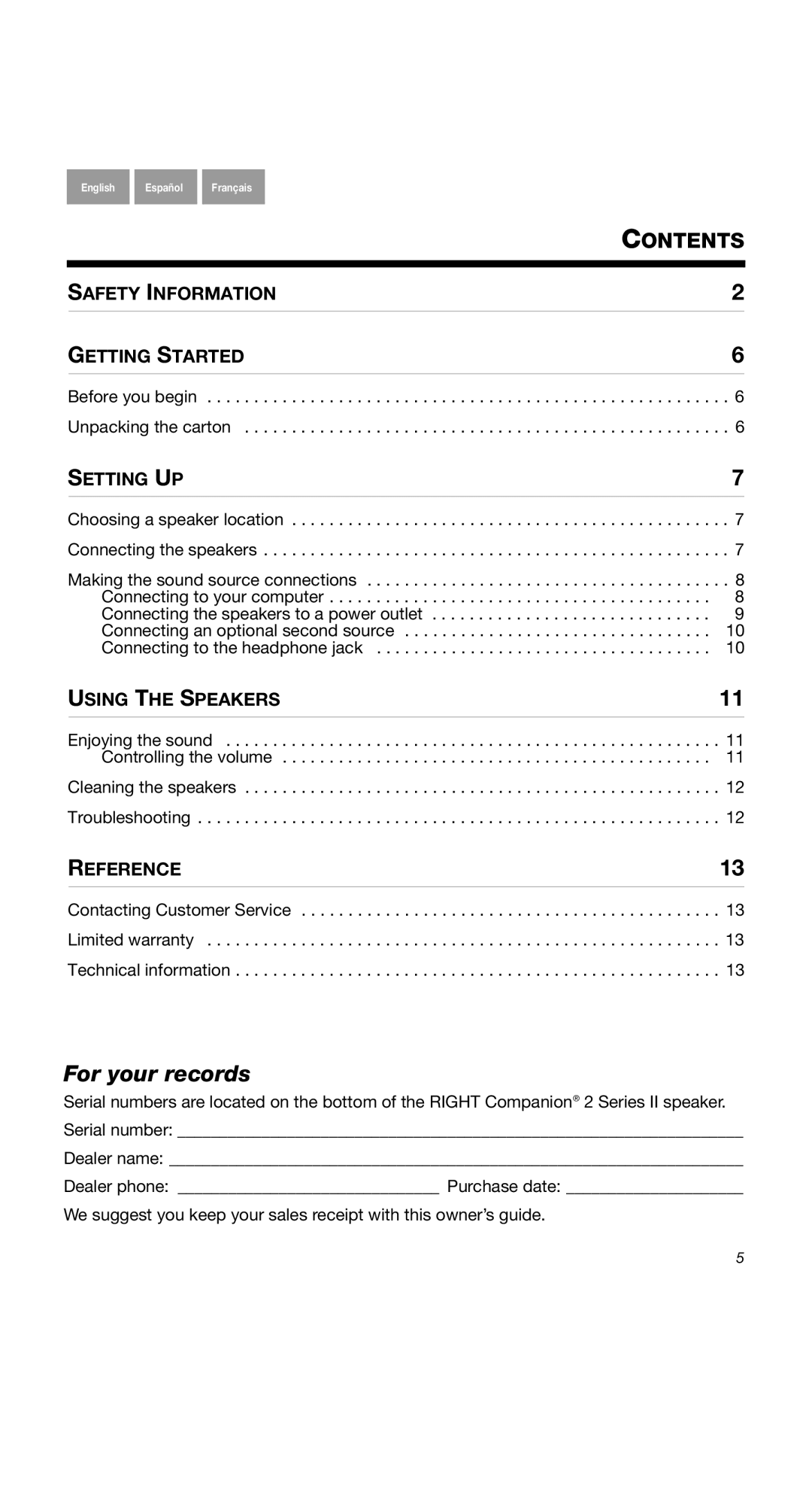 Bose 40274, 2 Series II, COMPANION2II manual For your records, Contents 