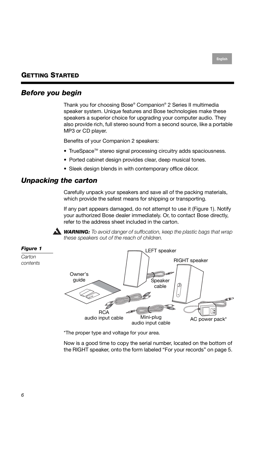 Bose COMPANION2II, 2 Series II, 40274 manual Before you begin, Unpacking the carton, Carton contents 