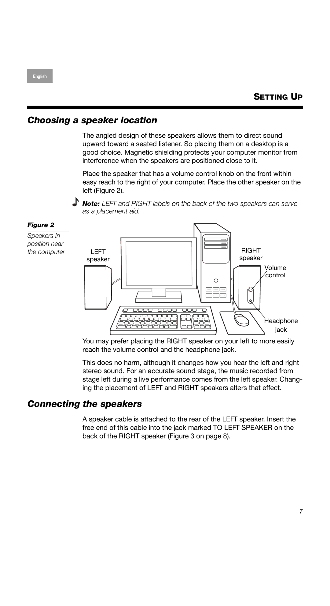 Bose 2II, 2 Series II, 40274 manual Choosing a speaker location, Connecting the speakers, Speakers Position near Computer 