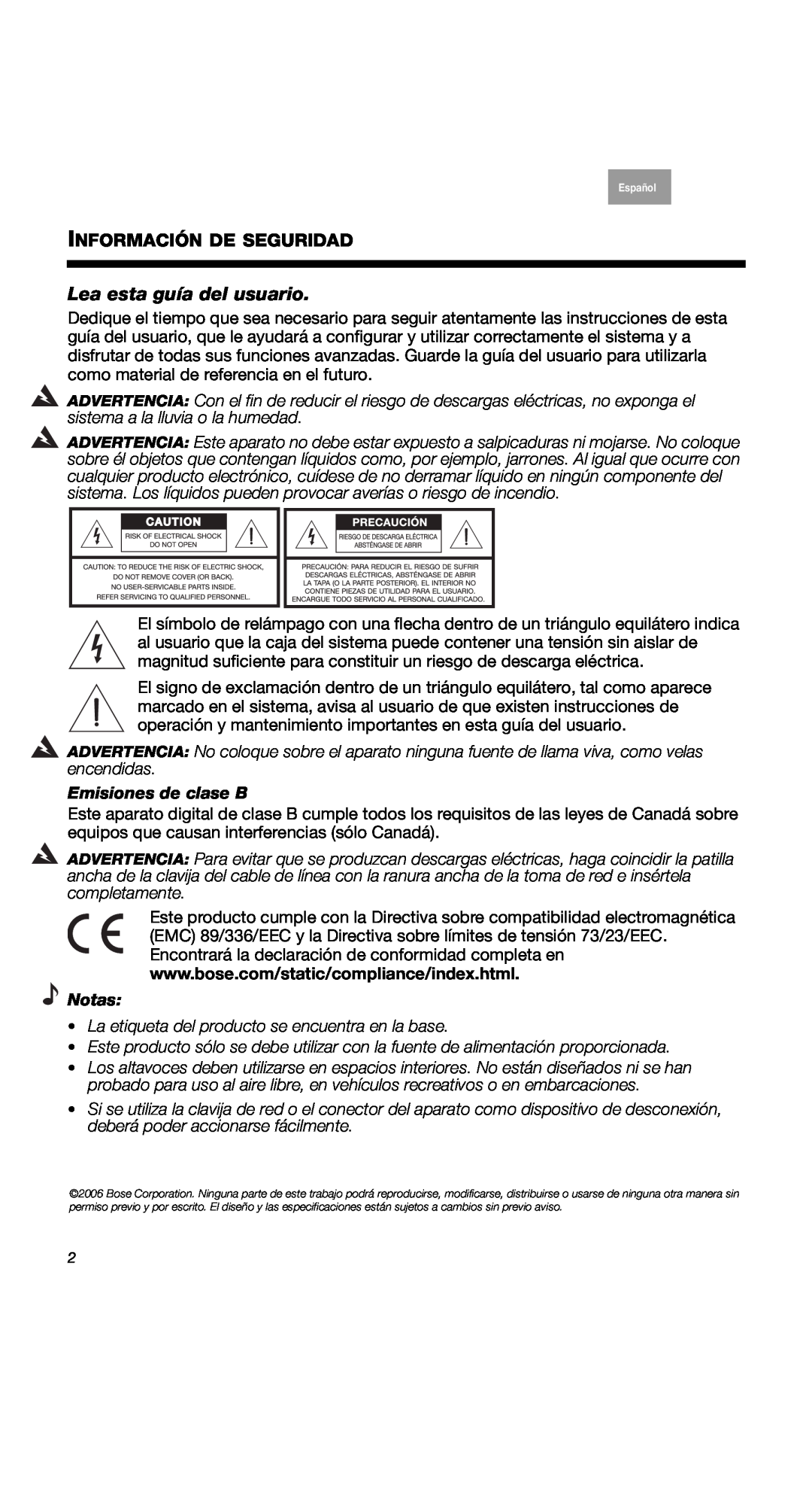 Bose COMPANION2II, 2 Series II, 40274 manual Información De Seguridad, Lea esta guía del usuario, Emisiones de clase B, Notas 