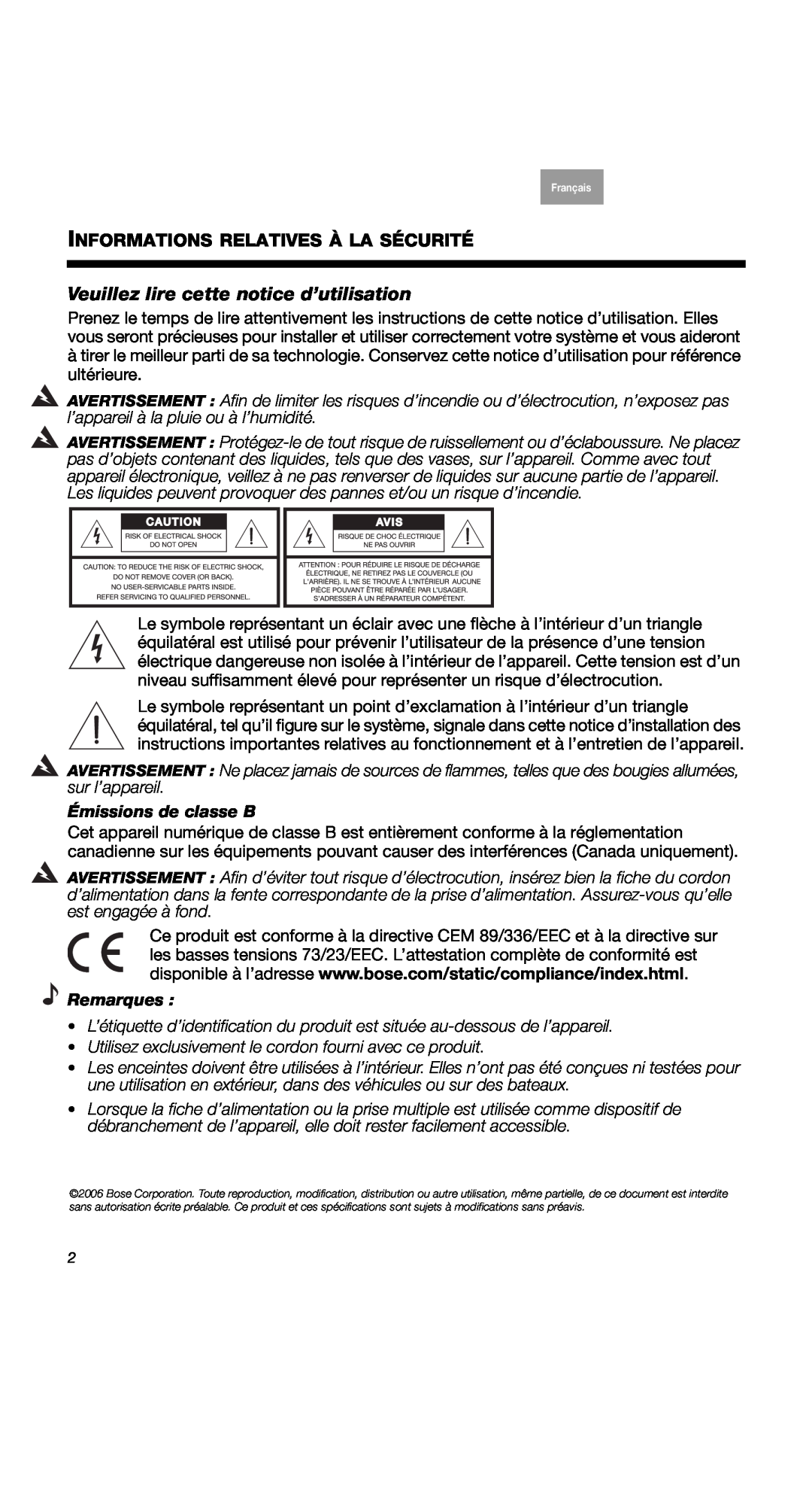 Bose COMPANION2II Informations Relatives À La Sécurité, Veuillez lire cette notice d’utilisation, Émissions de classe B 