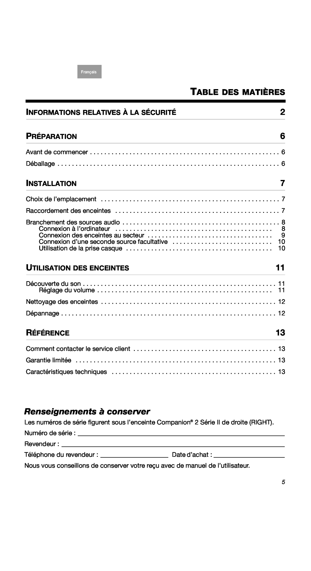 Bose 40274 Renseignements à conserver, Table Des Matières, Préparation, Installation, Utilisation Des Enceintes, Référence 