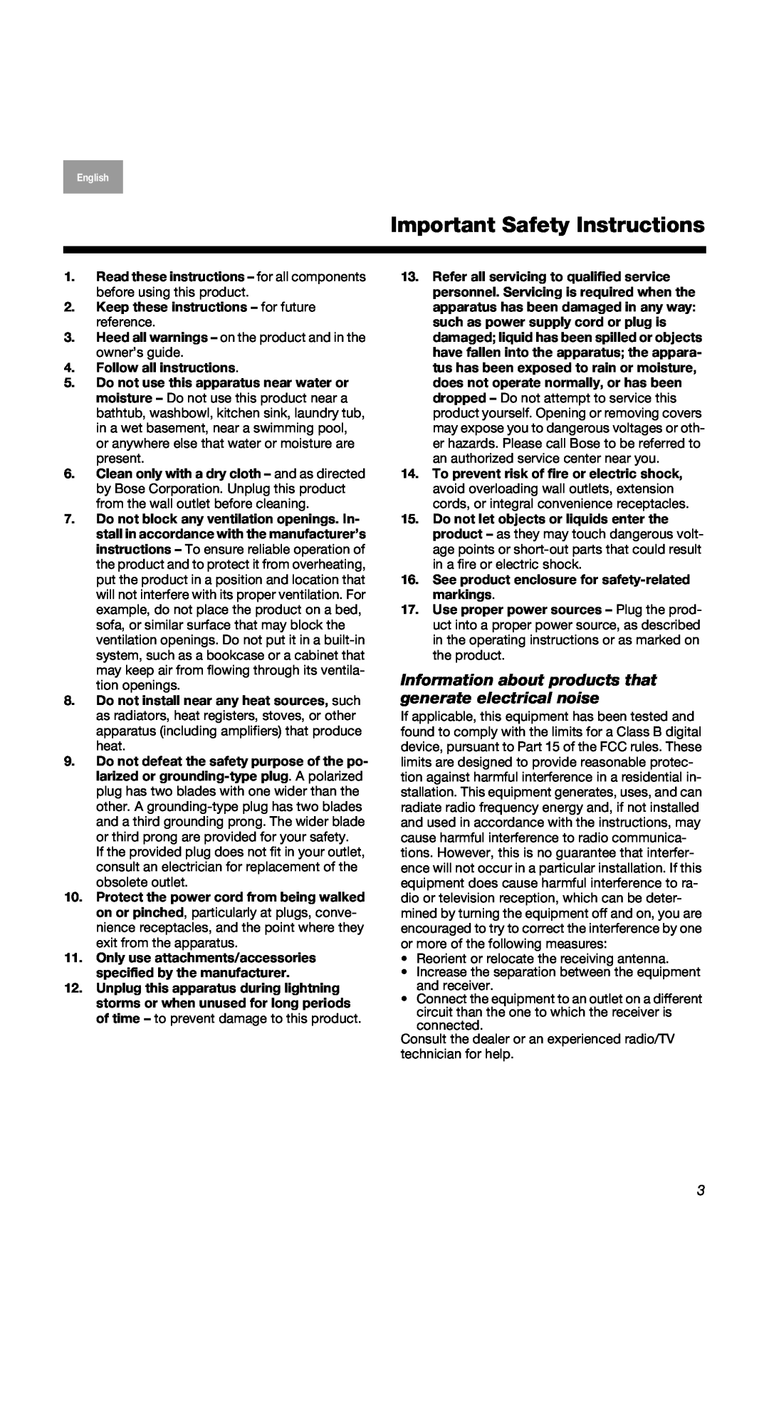 Bose 2 Series II, 40274, COMPANION2II manual Important Safety Instructions 