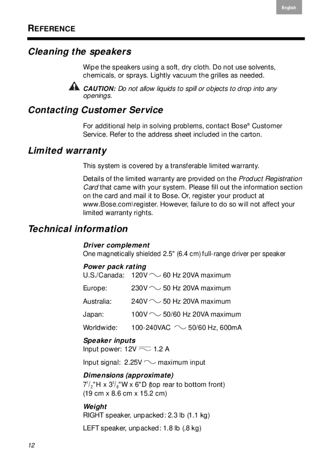 Bose 2 Series II, 40274 manual Cleaning the speakers, Contacting Customer Service, Limited warranty, Technical information 