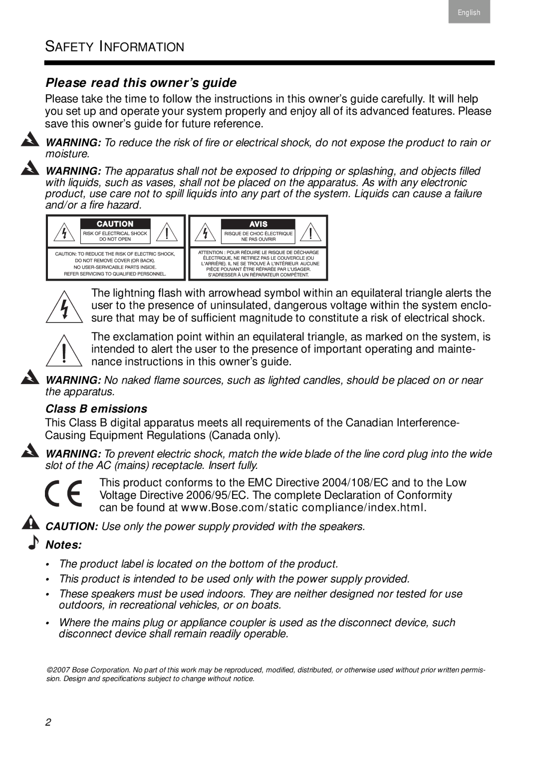 Bose 2 Series II, 40274 manual Please read this owner’s guide, Class B emissions 