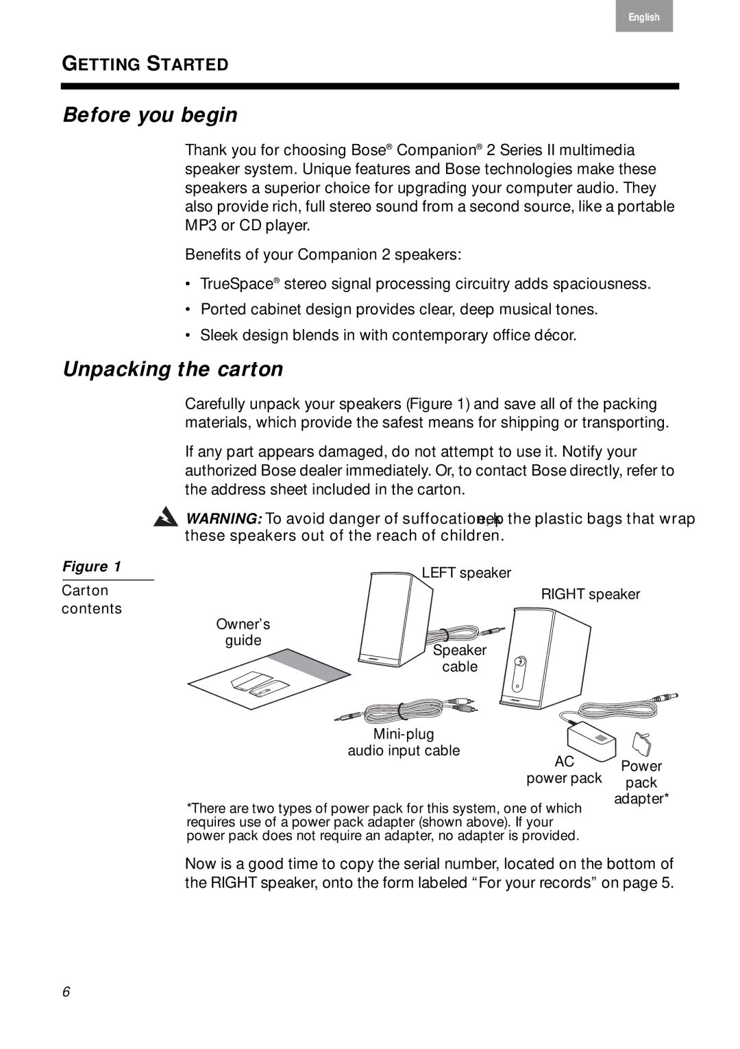 Bose 2 Series II, 40274 manual Before you begin, Unpacking the carton 