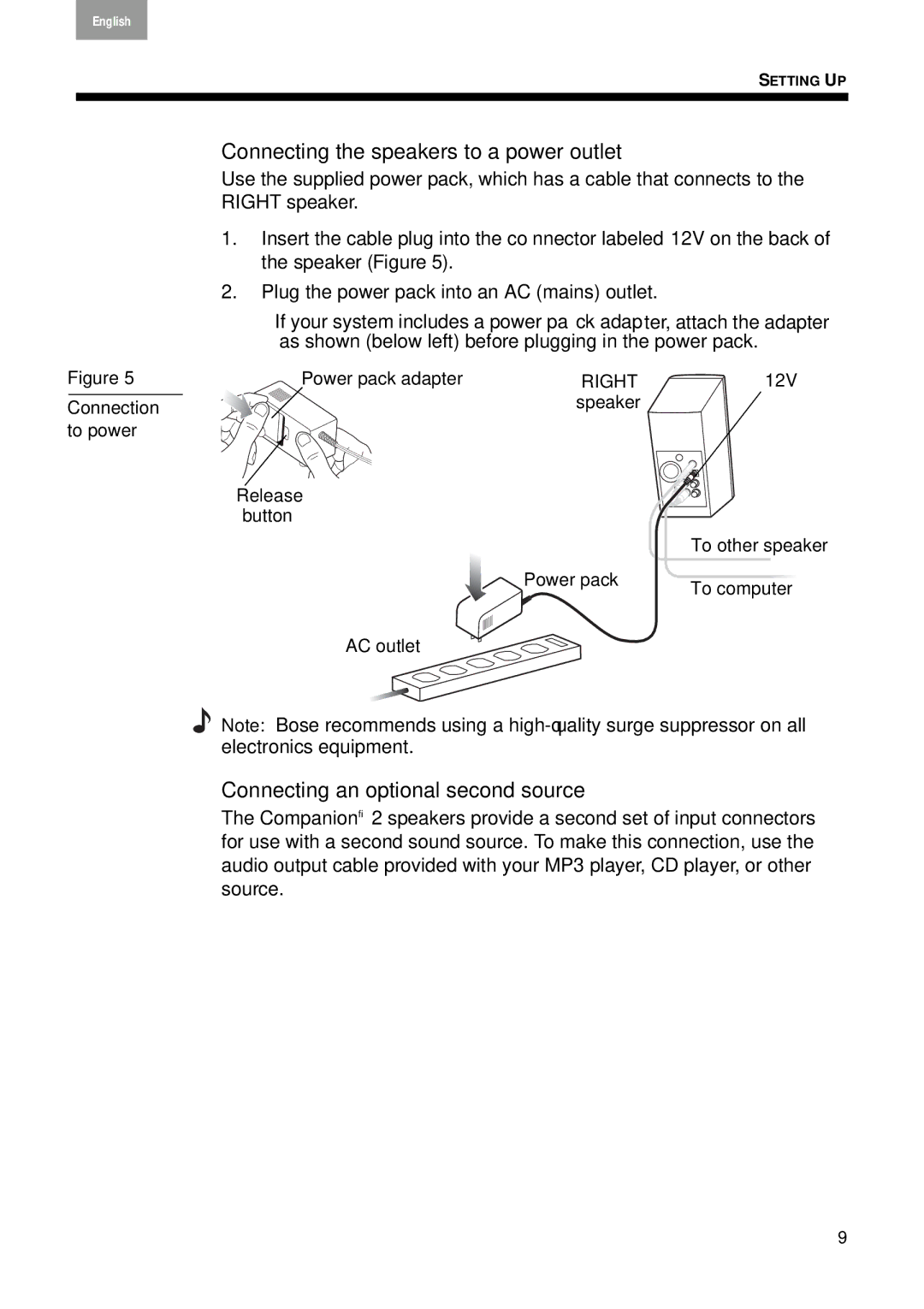 Bose 40274, 2 Series II manual Connecting the speakers to a power outlet, Connecting an optional second source 