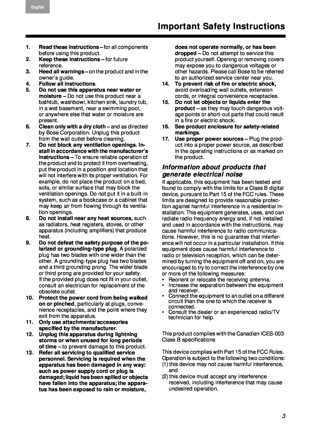 Bose 40274, 2 Series II manual Important Safety Instructions 