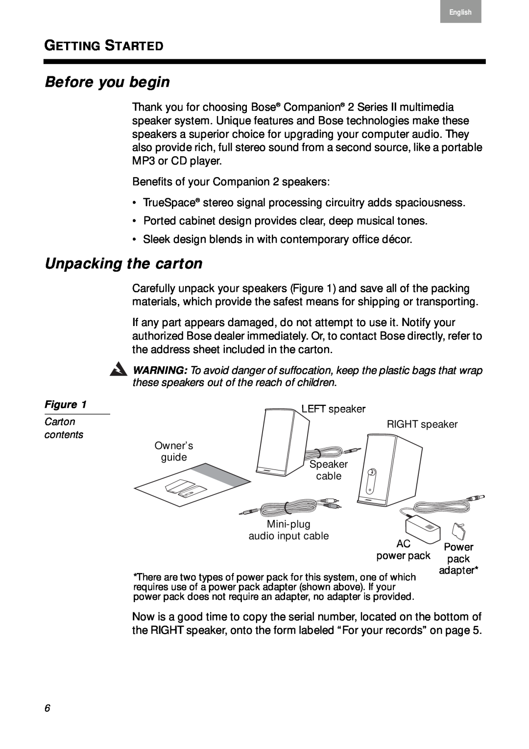 Bose 2 Series II, 40274 manual Before you begin, Unpacking the carton, Getting Started 
