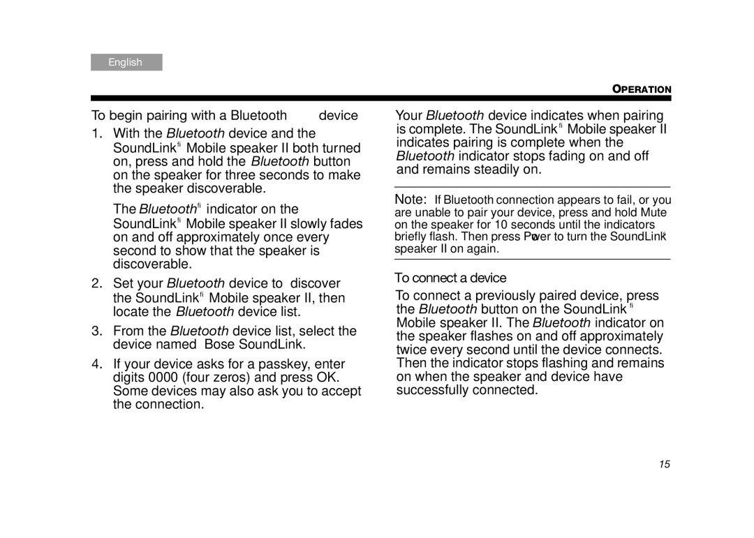 Bose 357550-1300, SLINKMOBILE2, SoundLink II White manual To begin pairing with a Bluetooth device, To connect a device 