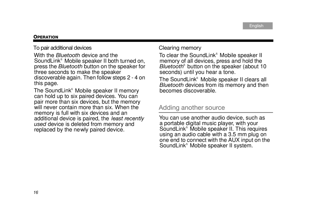 Bose SLINKMOBILE2, SoundLink II White, 357550-1300 Adding another source, To pair additional devices, Clearing memory 