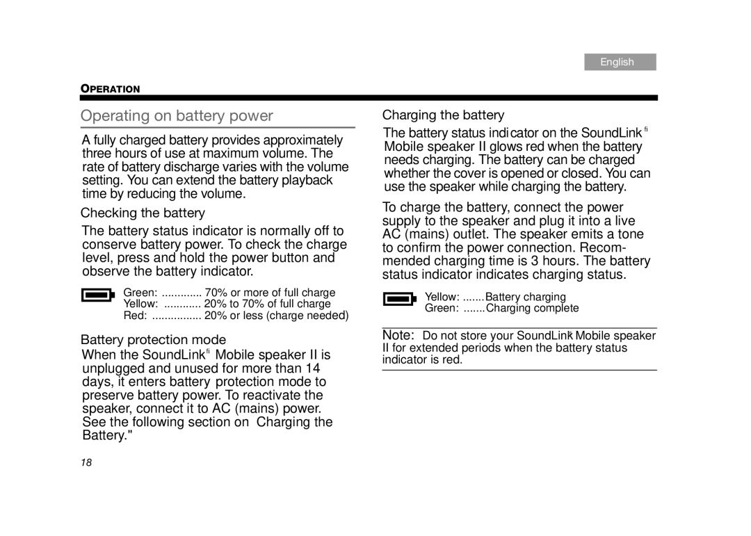 Bose SoundLink II White, 2 Operating on battery power, Checking the battery, Battery protection mode, Charging the battery 