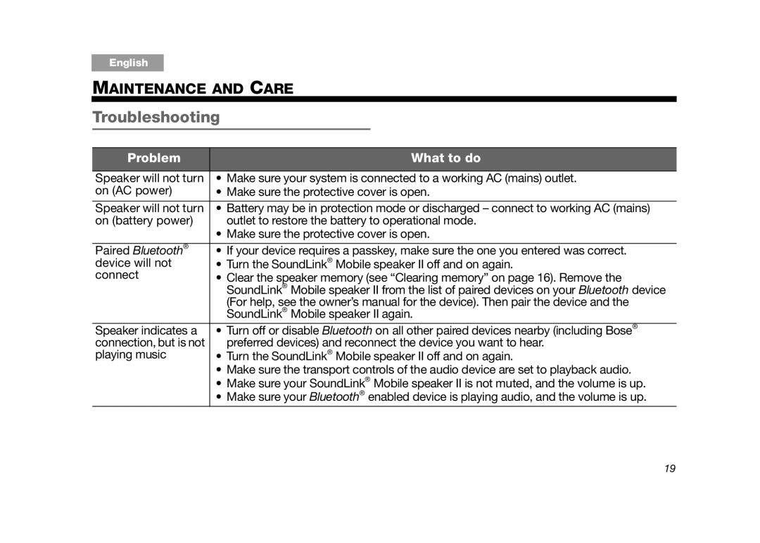 Bose 357550-1300, SLINKMOBILE2, SoundLink II White manual Troubleshooting, Problem What to do 