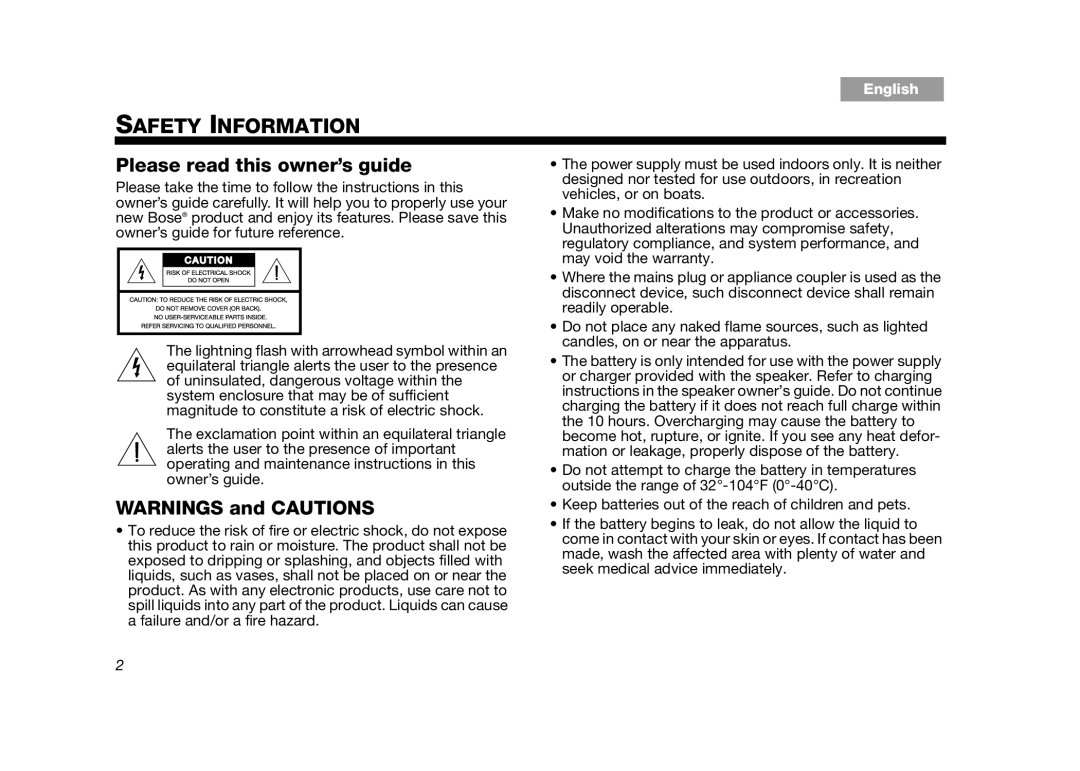 Bose SoundLink II White, SLINKMOBILE2, 357550-1300 manual Safety Information, Please read this owner’s guide 